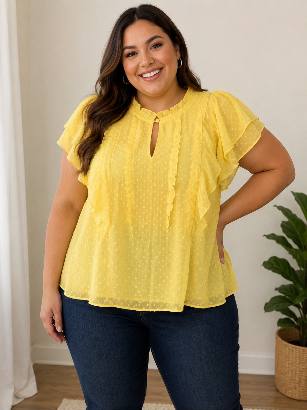 Torrid yellow swiss dot ruffles blouse keyhole neck short sleeve size6X NWT